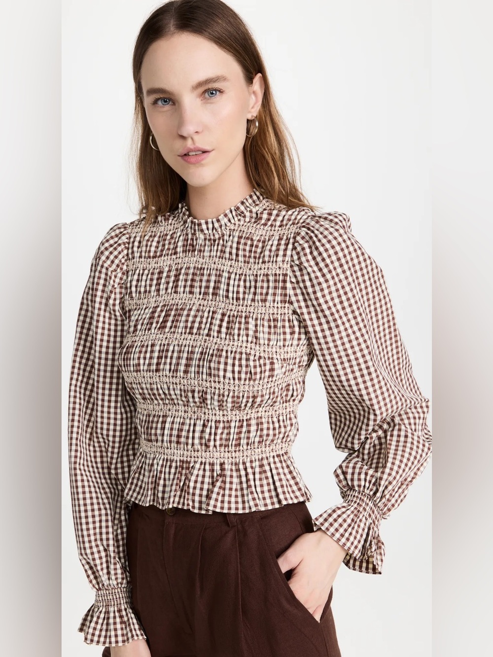 English Factory Brown Gingham Smocked Mock Neck Long Sleeve Blouse size medium